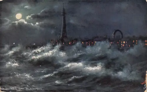 B129 England 1911 Raue See vor Blackpool Moonlight Vintage Postkarte
