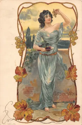 B125 Jugendstil Glamour Dame isst Trauben Herbstlaub Geschmack AK