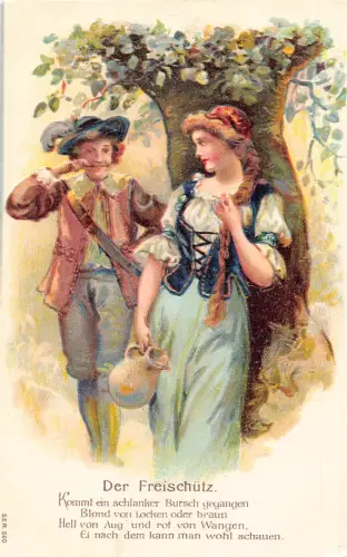 B114 Liebesroman Paar flirtet Mittelalter gekleidet Freischütz Prägepostkarte