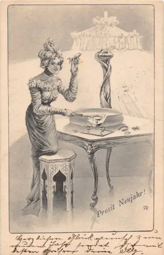 B112 Neujahrsgrüße 1903 Dame Basteln kleines Schwein Kleeblatt Hufeisen Postkarte