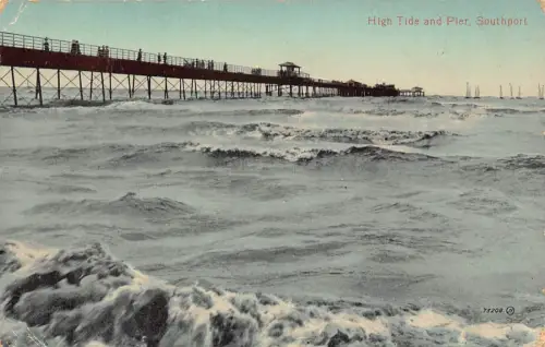 B126 England 1911 High Tide and Pier Southport Vintage Postkarte