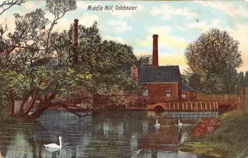 B126 England 1907 Middle Mill Colchester Swans Industrie Vintage Postkarte