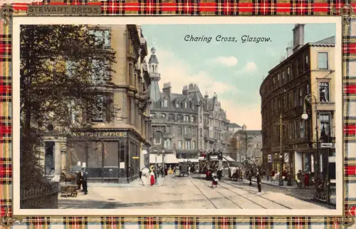 A031 Schottland Glasgow Charing Cross Stewart Kleid Tartan Straßenbahn Postkarte