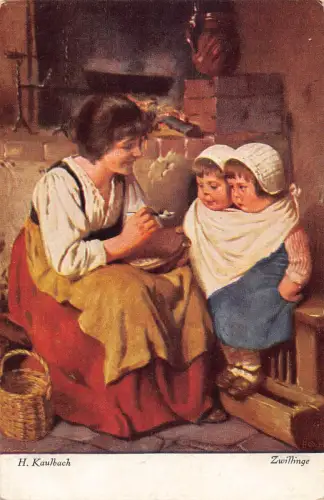 A219 Mutter ernährt Zwillingsjungen Kunst signiert H Kaulbach Vintage Postkarte