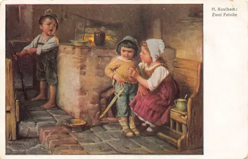A218 Zwei Feinde Kinder spielen Krieg Kamin Kunst signiert H Kaulbach AK