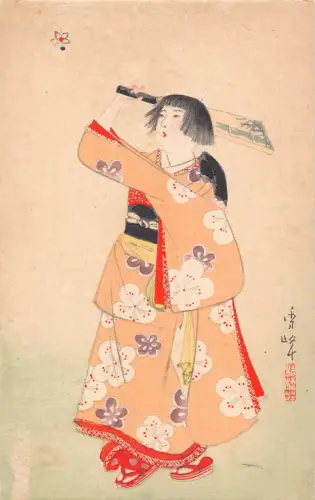 A834 Japan Geisha genießt einen Neujahrszeitvertreib Kimono ethnisch Vintage Postkarte