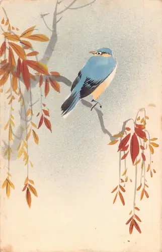 A833 Japan handbemalter blauer Vogel sitzt auf Ast Vintage Postkarte