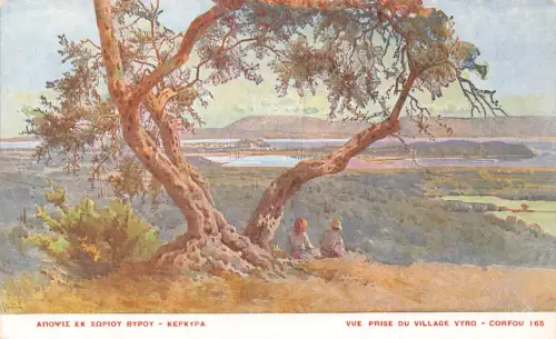 A836 Griechenland Korfu Blick über Dorf Vyro Vintage Postkarte