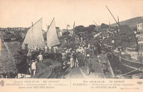 A836 Griechenland Thessaloniki WWI Einschiffung Freiwillige Sed-dul Bahr Boot Postkarte