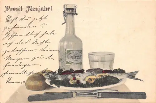 B490 Neujahrsgrüße 1904 Essen Soda Wasser Wasser Fisch Plateau Brot Postkarte