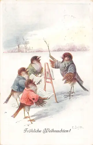Weihnachtsgruß vermenschlichter Singvogel Chorsänger anthropomorphe Postkarte B922