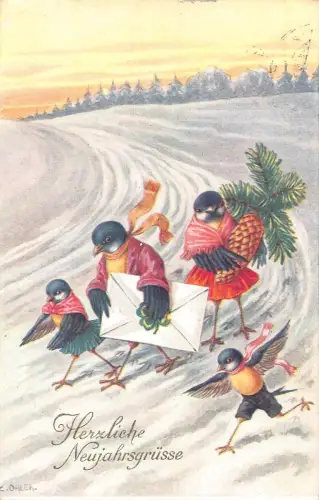 Neujahr 1928 Schwalbenvögel vermenschlicht Kleeblatt Kiefernzapfen Schnee Postkarte B922