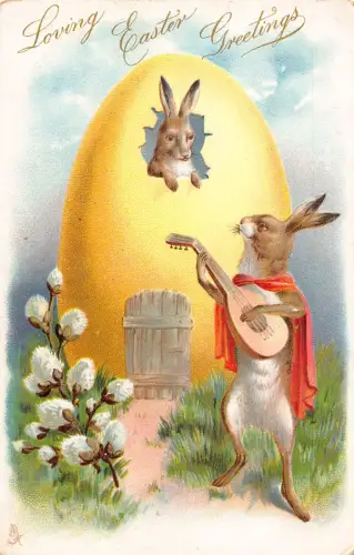 Ostergrüße vermenschlichtes Kaninchen Gitarristenei 1906 geprägte Postkarte B923
