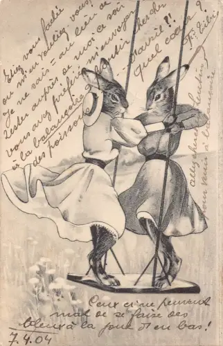 Tiere 1904 vermenschlichtes Kaninchenpaar auf Schaukel Liebe Romantik Postkarte B923