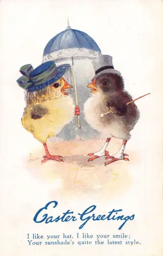 Ostergrüße vermenschlichte Küken Dame und Herr Regenschirm Postkarte B923