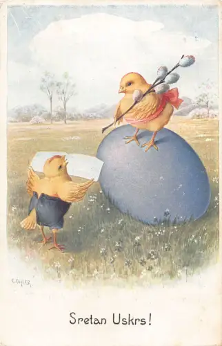 Ostergrüße vermenschlichtete Küken Muschi Weide Ei Kunst C Oehler Postkarte B923