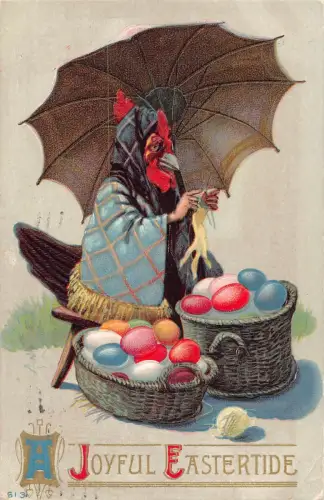 Ostern 1914 humanisierte Henne gestrickt Regenschirm Ei Verkäufer geprägte Postkarte B924
