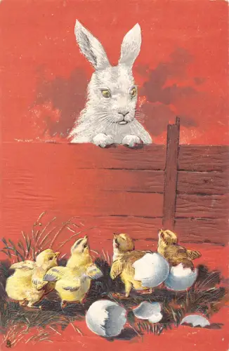 Ostergrüße vermenschlichter Hase Uhren Küken geprägt Postkarte B924