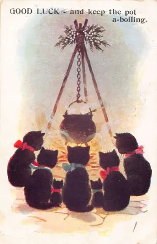 Viel Glück vermenschlichtete schwarze Katzen um Kochtopf 1932 Postkarte B924