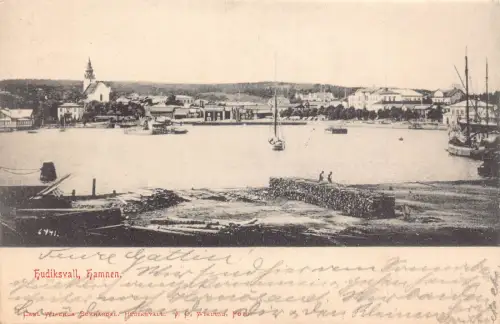 A225 Schweden 1906 Hudiksvall Hamnen Hafen Boote Vintage Postkarte