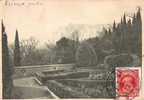 A037 Russland 1929 Krim Kharaken Park Garten Bäume Vintage Postkarte
