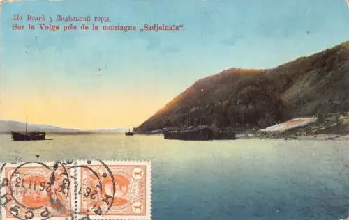 A037 Russland 1913 Wolga bei Sadjelnaia Gebirge Schiffe Boote Vintage Postkarte