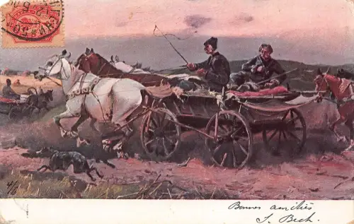 A036 Russland 1906 Pferdekutsche Karre reitend Bauern Künstlerkarte Postkarte