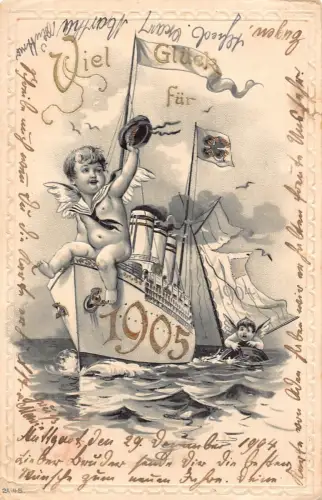 L400 Neujahrsgrüße 1904 Cherub auf Schiff Kleeblatt Glück geprägte Postkarte