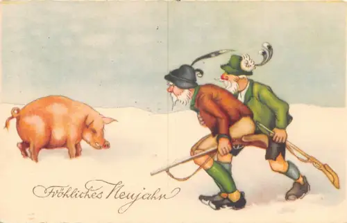 L400 Neujahrsgrüße 1932 Jäger dickes Schwein Vintage Postkarte