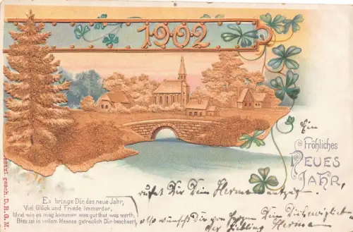 L399 Neujahrsgrüße 1902 Dorf Kleeblatt Glück Litho Vintage Postkarte
