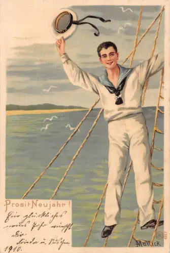 L400 Neujahrsgrüße 1909 Marine winkende Litho Vintage Postkarte