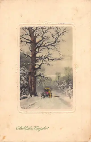 L400 Neujahrsgrüße 1916 Kutsche Winterlandschaft Vintage Postkarte