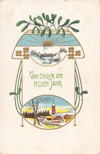 L400 Neujahrsgrüße 1914 Mistelboot Winterlandschaft Vintage Postkarte