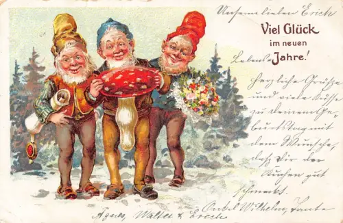 L400 Neujahrsgrüße Zwerge Pilz Blumen Glück Vintage Postkarte