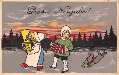 L399 Neujahrsgrüße 1917 Kinder Mundharmonika Hund Hufeisen Vintage Postkarte