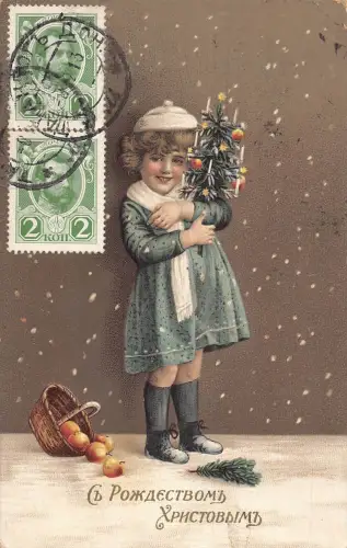 A035 Weihnachtsgrüße 1913 russisches Mädchen hält Baum orange Korb Postkarte