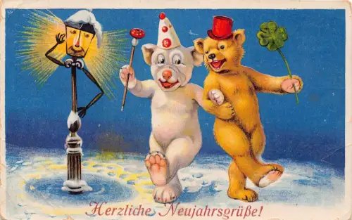 L399 Neujahrsgrüße vermenschlichter Laternenmast Hund Bär Pilz Glück Postkarte