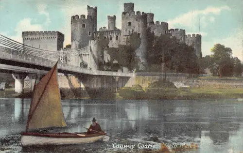 A034 Wales Conway Castle Segelboot Brücke Vintage Postkarte
