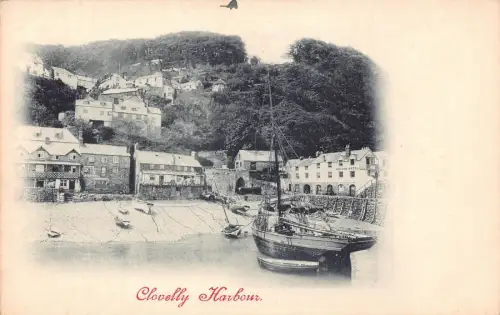 A034 England Clovelly Harbor Boot Red Lion Hotel Vintage Postkarte