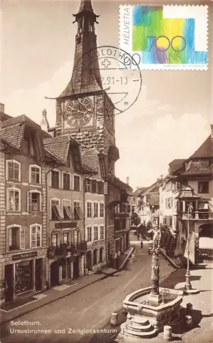L295 Schweiz Solothurn Ursusbrunnen Zeitglockenturm Geschäfte Vintage AK