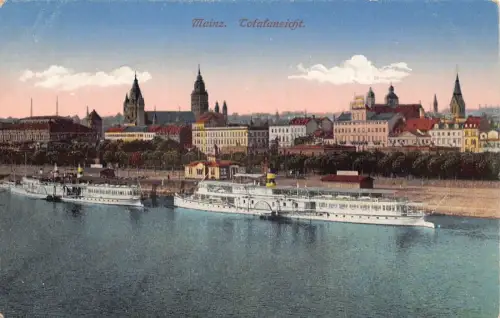 L063 Deutschland Mainz Panoramablick Salon Dampfer Vintage Postkarte