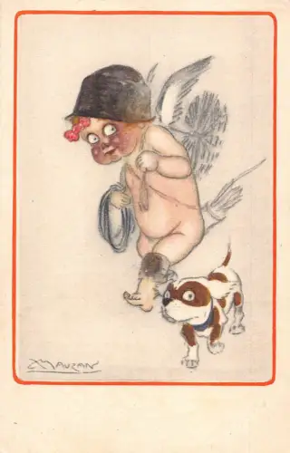 L294 Grüße Cherub Amor Hund signiert Mauzan Vintage Postkarte