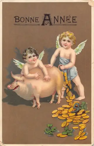 L294 Neujahrsgrüße Cherubs Schwein Goldmünzen Kleeblatt Glück Vintage Postkarte