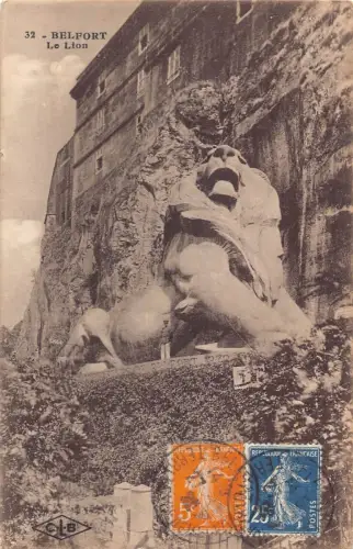 L130 Frankreich 1922 Belfort Le Löwe Skulptur in Steinklippe Vintage Postkarte