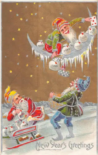 L294 Neujahrsgruß 1911 Zwerge Schlitten Mond Glück Geldtüten Prägepostkarte