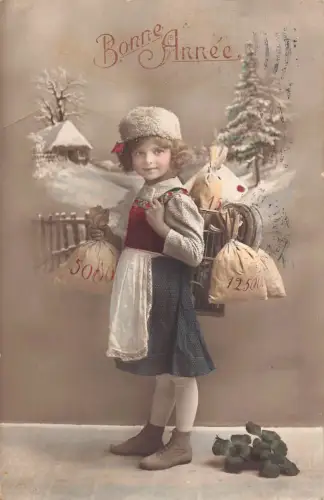 L294 Neujahrsgrüße 1913 Mädchen Kleeblatt Glück Geldbeutel Vintage Postkarte