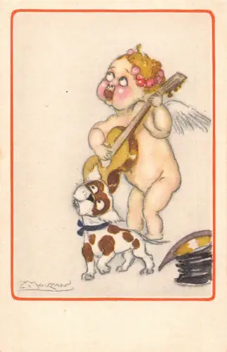 L294 Grüße Cherub Amor spielen Gitarre Hund signiert Mauzan Vintage Postkarte