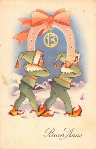 L294 Neujahrsgrüße 1949 Elfen tragen Hufeisen Glück Nummer 13 Postkarte
