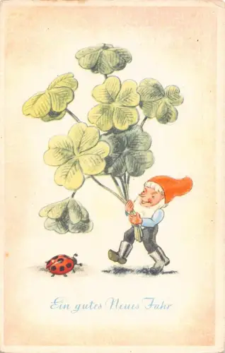 L294 Neujahrsgrüße Zwerg Kleeblatt Marienkäfer Glück Vintage Postkarte