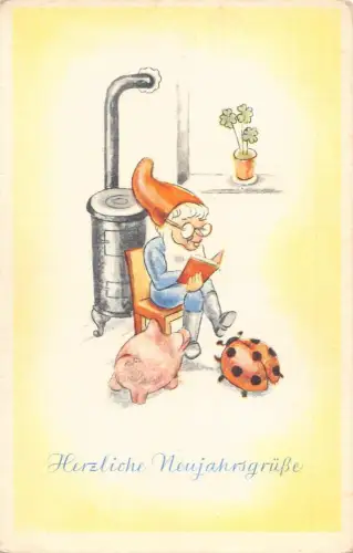 L294 Neujahrsgrüße Zwerg Schwein Kleeblatt Marienkäfer Glück Vintage Postkarte
